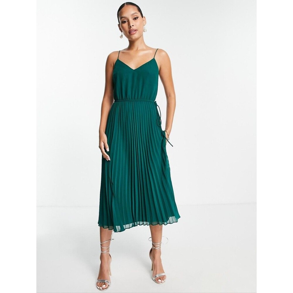 ASOS Green Pleated V-Neck Cami Midi Dress With Drawstring Waist Size 14 Womens
